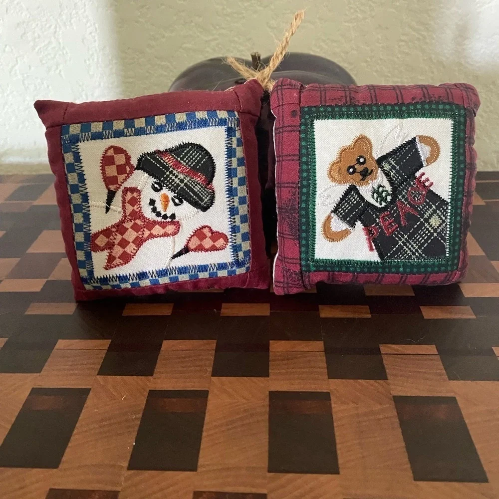 Set Of 2 Vintage Quilted Pillow Plaid Peace Bear and Snowman Ornaments 6”x 6”